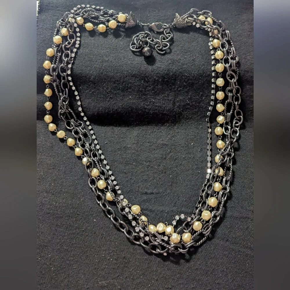 Gunmetal Black Cream Faux Pearl Clear Rhinestone Statement Waist Chain Belt